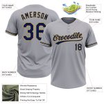 Custom Name and Number Two-Button Unisex Softball Jersey in Gray Navy-Old Gold - Personalized Team Apparel Personalized Gray