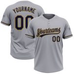 Custom Name and Number Two-Button Unisex Softball Jersey in Gray Navy-Old Gold - Personalized Team Apparel Personalized Gray