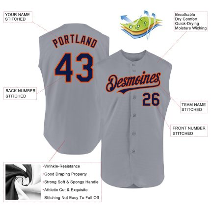 Personalized Gray Navy Orange Baseball Jersey - Authentic Sleeveless Design Personalized Gray Navy-Orange Authentic Sleeveless