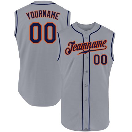 Custom Name and Number Personalized Baseball Jersey - Gray Navy-Orange Authentic Sleeveless Design Personalized Gray Navy-Orange
