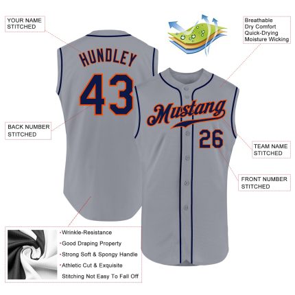 Custom Name and Number Personalized Baseball Jersey - Gray Navy-Orange Authentic Sleeveless Design Personalized Gray Navy-Orange