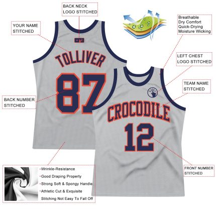 Custom Authentic Basketball Jersey with Team Name & Number - Personalized Gray Navy-Orange Design Personalized Gray Navy-Orange