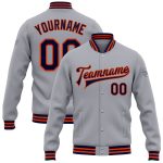 Personalized Varsity Letterman Jacket Gray Navy Orange Full-Snap Bomber Personalized Gray Navy-Orange Bomber Full-Snap Varsity