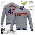 Custom Name Number Varsity Letterman Jacket Gray Navy Orange Bomber Full-Snap Personalized Apparel Personalized Gray Navy-Orange