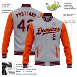 Custom Name Number Two Tone Bomber Jacket Gray Navy Orange Varsity Letterman Full-Snap Personalized Team Apparel Personalized