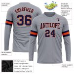 Custom Team Performance T-Shirt with Name and Number - Personalized Gray Navy-Orange Long Sleeve Personalized Gray Navy-Orange