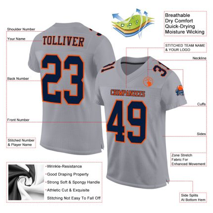 Personalized Custom Team Football Jersey - Gray Navy Orange Mesh with Name & Number Personalized Gray Navy-Orange Mesh Authentic