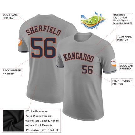 Custom Team Name and Number Performance T-Shirt in Gray Navy-Orange - Personalized Sports Apparel Personalized Gray Navy-Orange