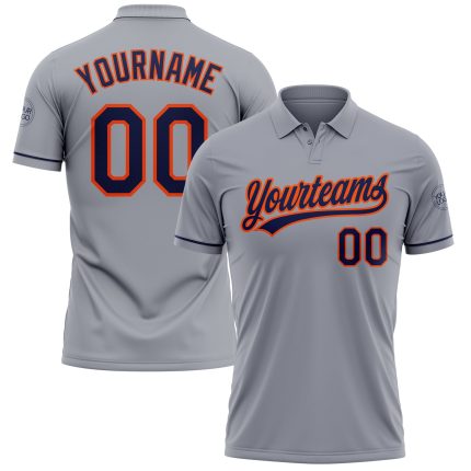 Personalized Custom Team Name and Number Vapor Golf Polo Shirt - Gray Navy-Orange Performance Design Personalized Gray Navy-Orange