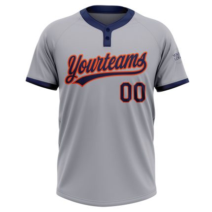 Custom Name and Number Unisex Softball Jersey - Personalized Gray Navy-Orange Two-Button Design Personalized Gray Navy-Orange