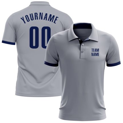 Custom Team Name Number Golf Polo Shirt Gray Navy Performance Personalized Personalized Gray Navy Performance Golf Polo Shirt