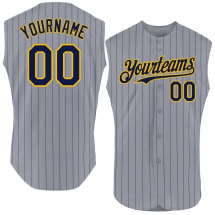 Personalized Custom Name and Number Gray Navy Pinstripe Gold Sleeveless Baseball Jersey Personalized Gray Navy Pinstripe