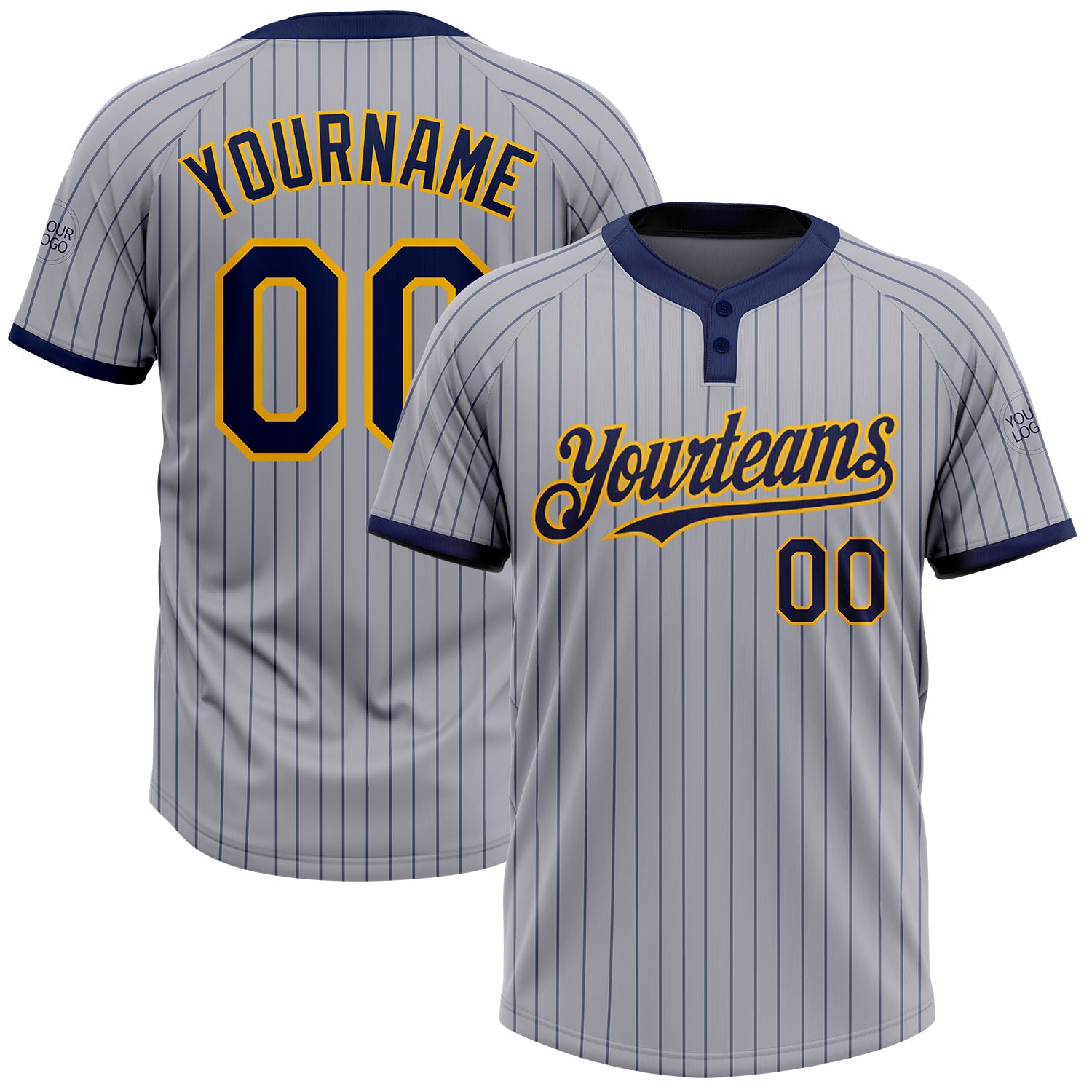 Custom Name Number Personalized Gray Navy Pinstripe Softball Jersey Unisex Two-Button Gold Personalized Gray Navy Pinstripe