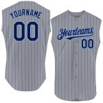 Custom Name Number Personalized Baseball Jersey - Gray Navy Pinstripe Sleeveless Light Blue Personalized Gray Navy Pinstripe
