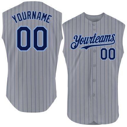 Custom Name Number Personalized Baseball Jersey - Gray Navy Pinstripe Sleeveless Light Blue Personalized Gray Navy Pinstripe