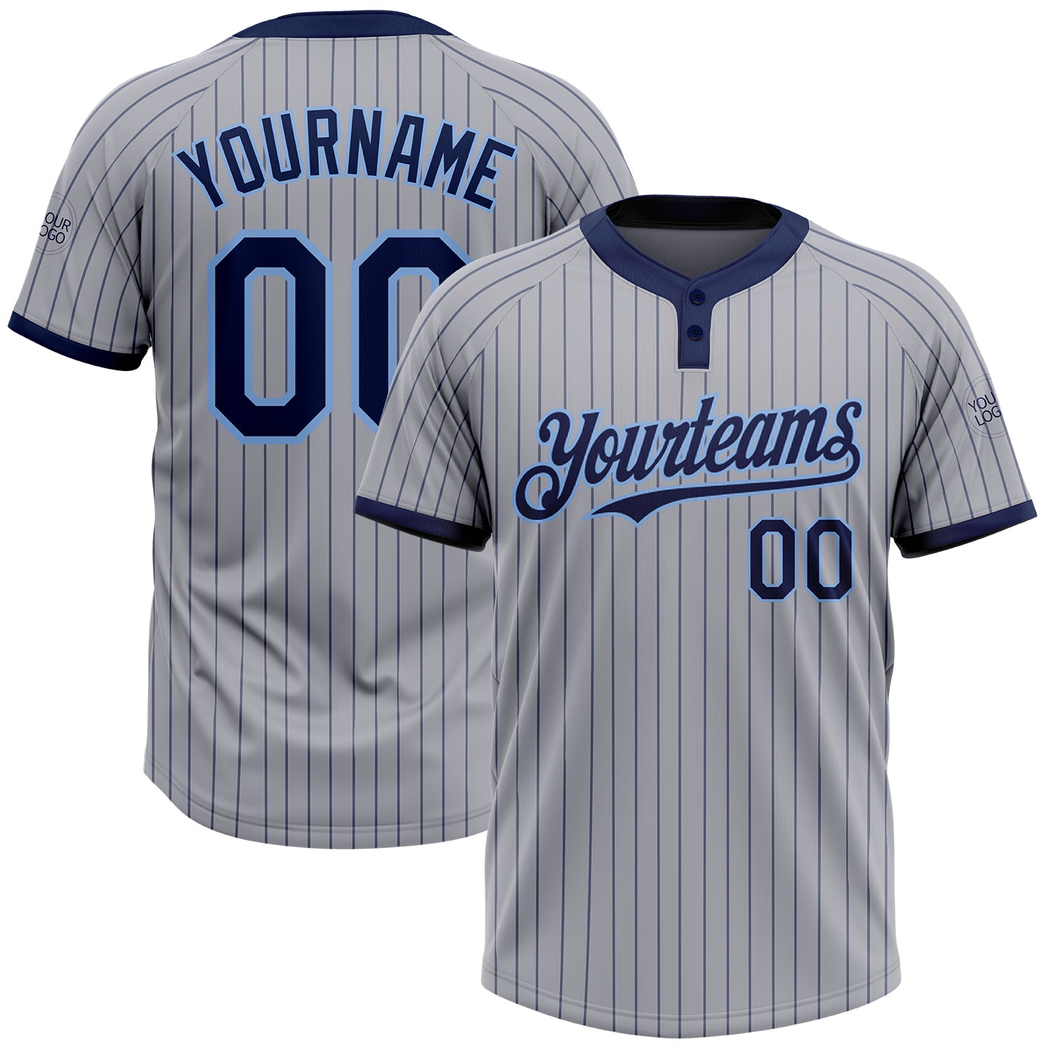 Custom Name and Number Unisex Softball Jersey in Gray Navy Pinstripe with Light Blue Two-Button Design Personalized Gray
