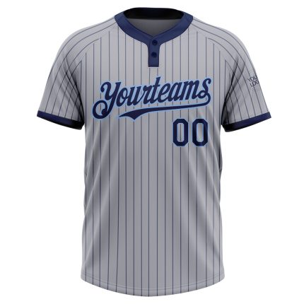 Custom Name and Number Unisex Softball Jersey in Gray Navy Pinstripe with Light Blue Two-Button Design Personalized Gray