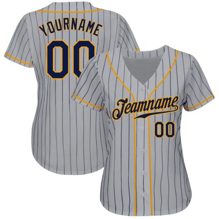 Custom Authentic Baseball Jersey - Personalized Gray Navy Pinstripe with Team Name and Number - Navy-Gold Design Personalized