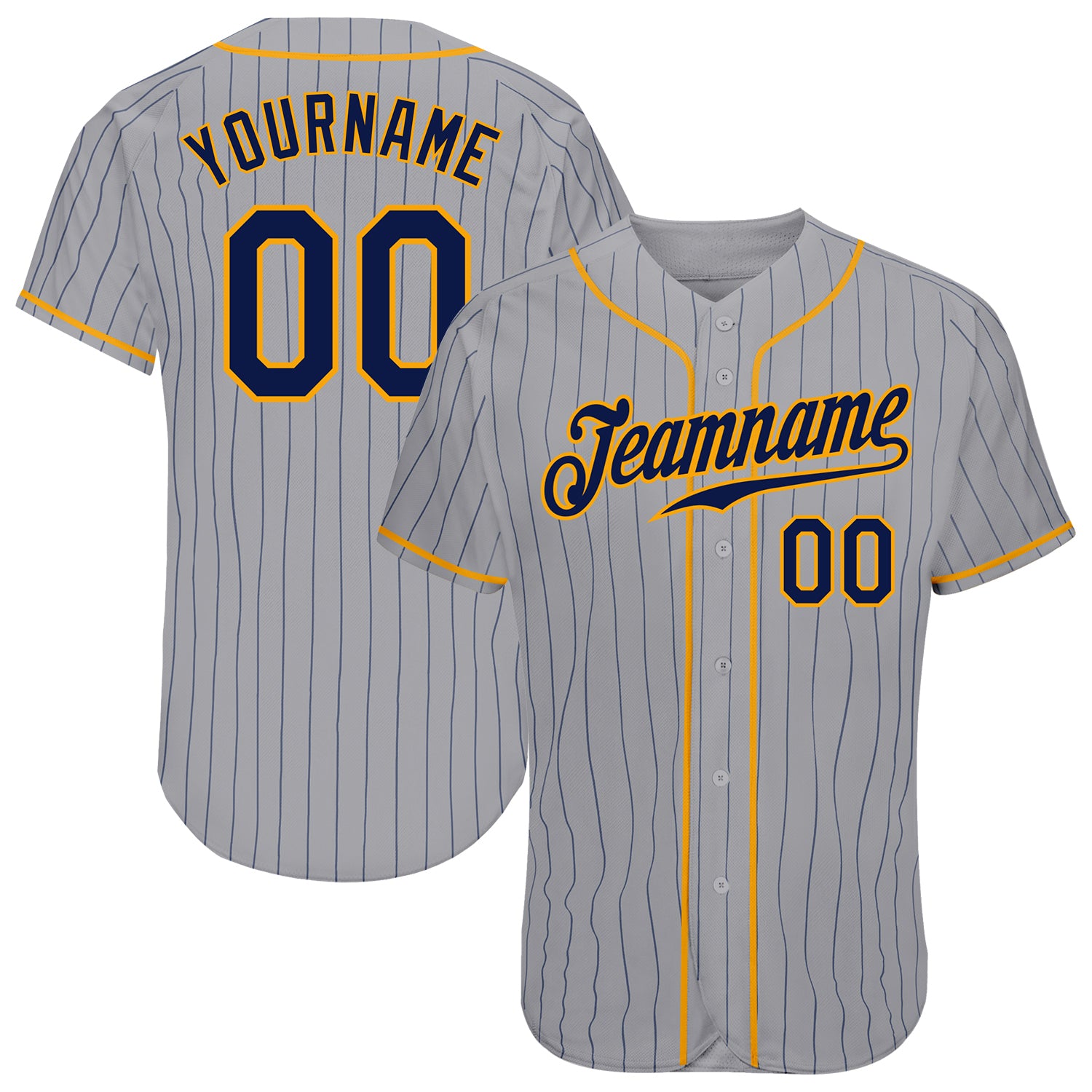 Custom Authentic Baseball Jersey - Personalized Gray Navy Pinstripe with Team Name and Number - Navy-Gold Design Personalized