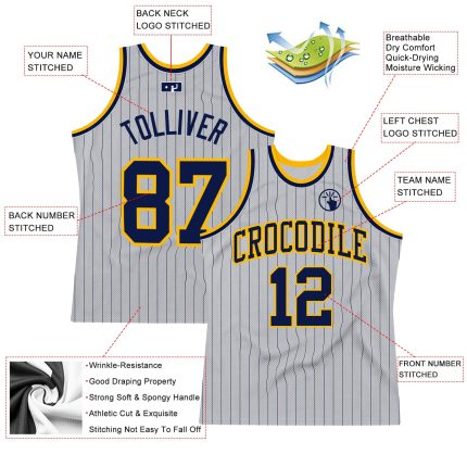 Custom Name Number Navy-Gold Basketball Jersey Personalized Gray Navy Pinstripe Authentic Design Personalized Gray Navy Pinstripe