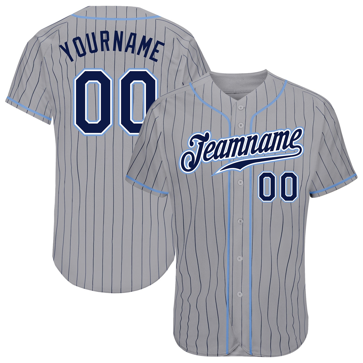 Custom Team Name and Number Personalized Gray Navy Pinstripe Baseball Jersey, Authentic Light Blue Design Personalized Gray