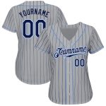Custom Team Name and Number Personalized Gray Navy Pinstripe Baseball Jersey, Authentic Light Blue Design Personalized Gray