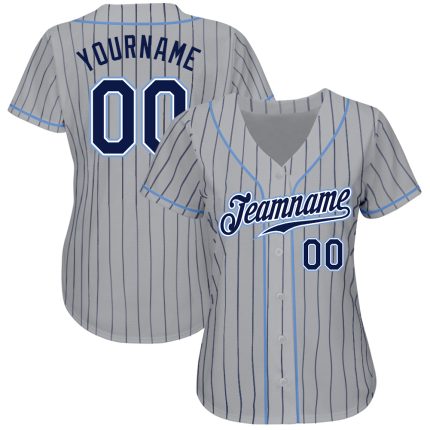 Custom Team Name and Number Personalized Gray Navy Pinstripe Baseball Jersey, Authentic Light Blue Design Personalized Gray