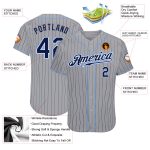 Custom Team Name and Number Personalized Gray Navy Pinstripe Baseball Jersey, Authentic Light Blue Design Personalized Gray