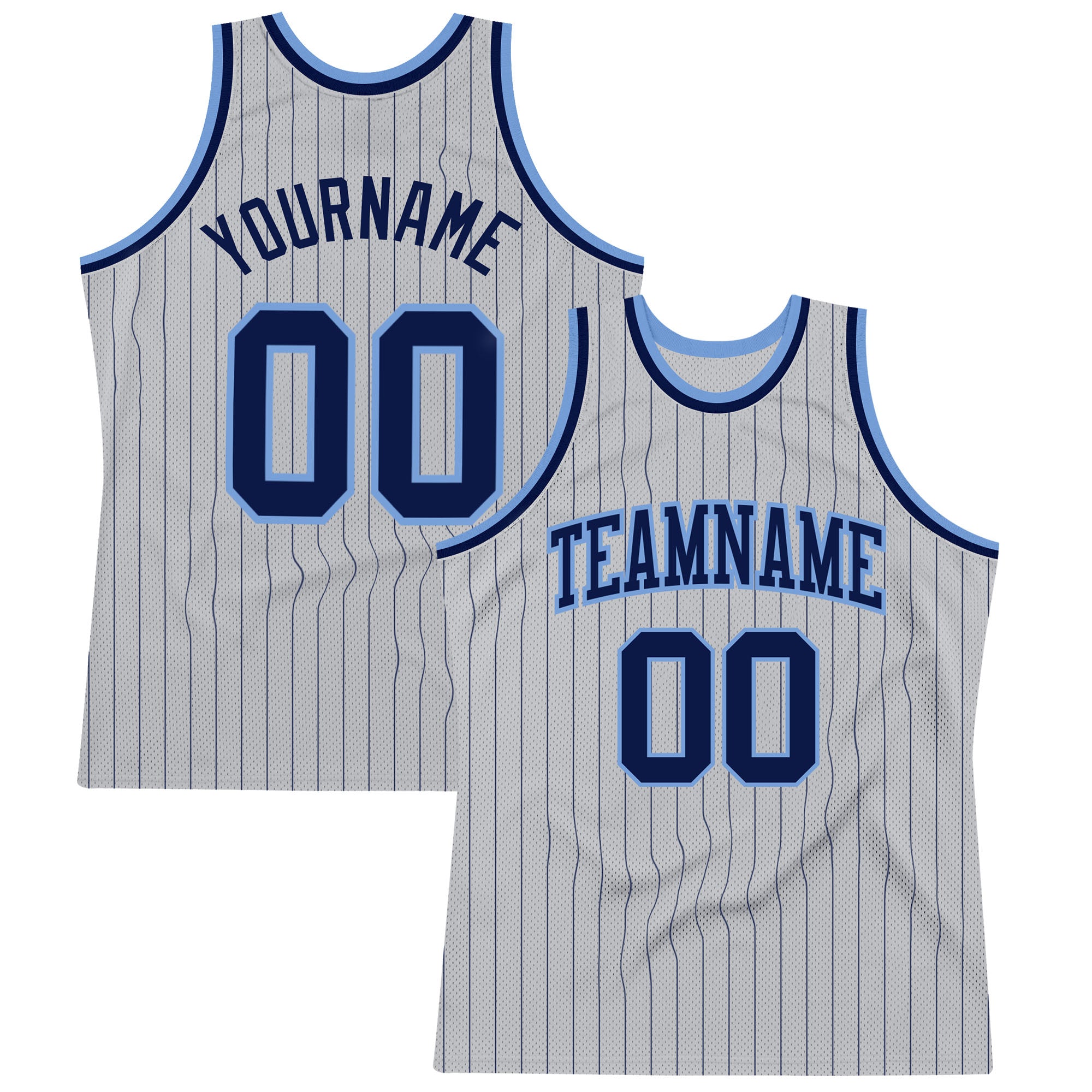 Custom Basketball Jersey - Personalized Gray Navy Pinstripe with Team Name & Number - Authentic Light Blue Accent Personalized