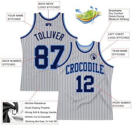 Custom Basketball Jersey - Personalized Gray Navy Pinstripe with Team Name & Number - Authentic Light Blue Accent Personalized