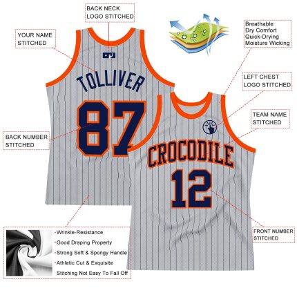 Custom Personalized Basketball Jersey with Navy-Orange Gray Pinstripe - Team Name and Number Personalized Gray Navy Pinstripe