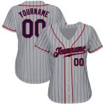 Custom Name and Number Authentic Baseball Jersey - Personalized Gray Navy Pinstripe in Navy and Red Personalized Gray Navy