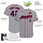 Custom Name and Number Authentic Baseball Jersey - Personalized Gray Navy Pinstripe in Navy and Red Personalized Gray Navy