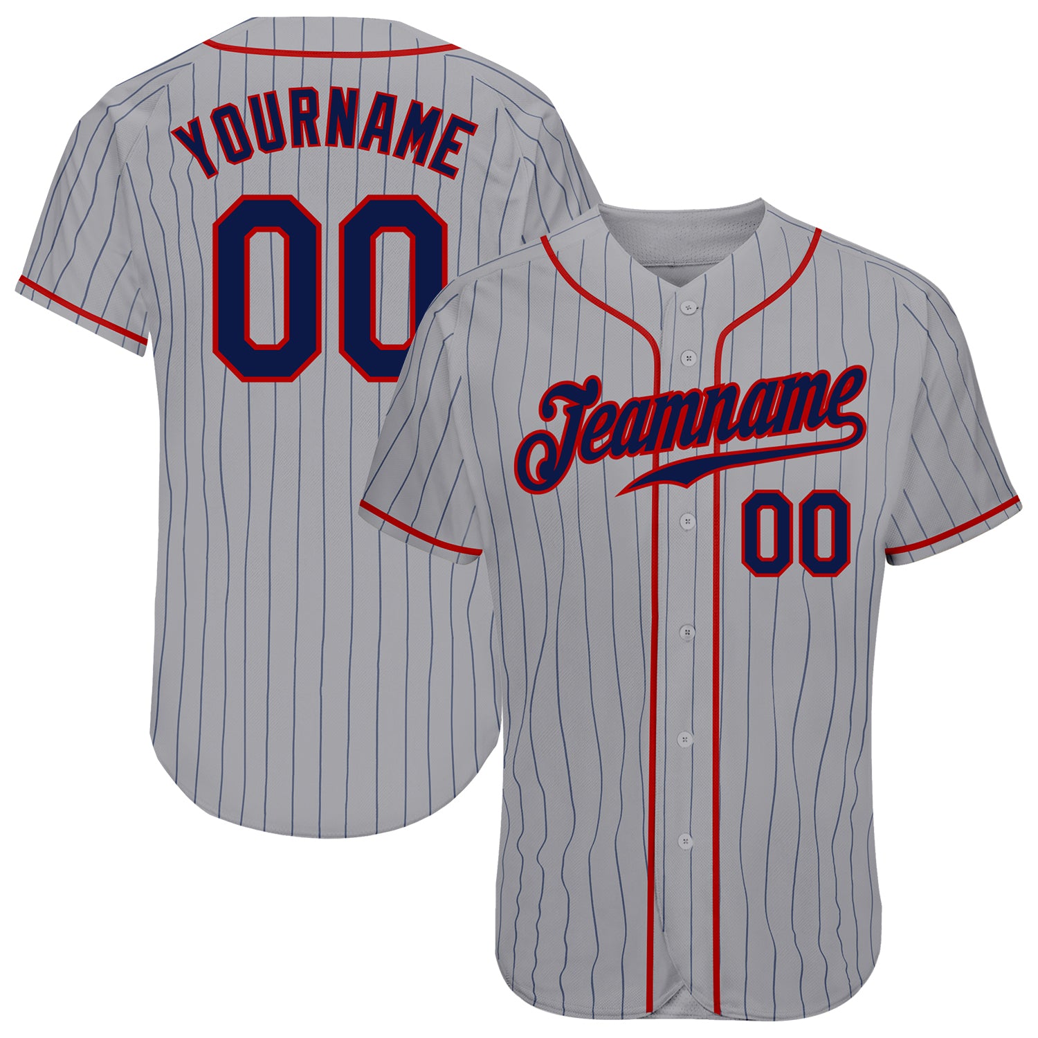 Custom Name and Number Authentic Baseball Jersey - Personalized Gray Navy Pinstripe in Navy and Red Personalized Gray Navy