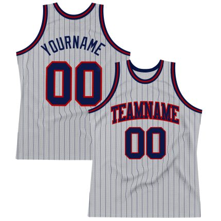 Personalized Team Custom Basketball Jersey with Gray Navy Pinstripe, Red, Name & Number - Authentic Design Personalized Gray