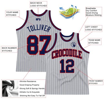Personalized Team Custom Basketball Jersey with Gray Navy Pinstripe, Red, Name & Number - Authentic Design Personalized Gray