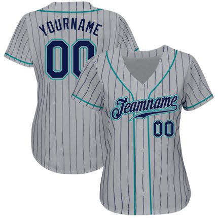 Custom Name and Number Authentic Baseball Jersey Navy Gray Teal Pinstripe - Personalized Team Apparel Personalized Gray Navy