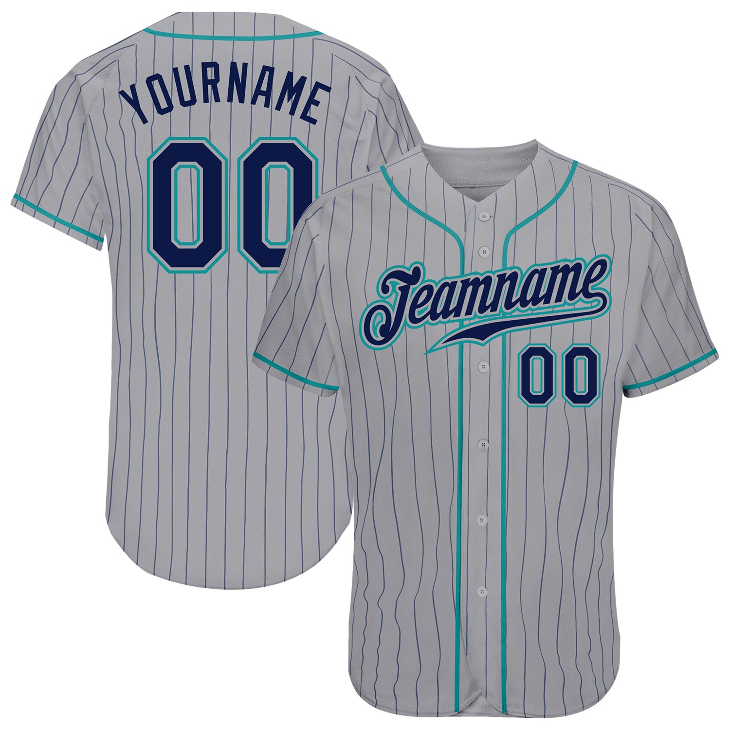 Custom Name and Number Authentic Baseball Jersey Navy Gray Teal Pinstripe - Personalized Team Apparel Personalized Gray Navy