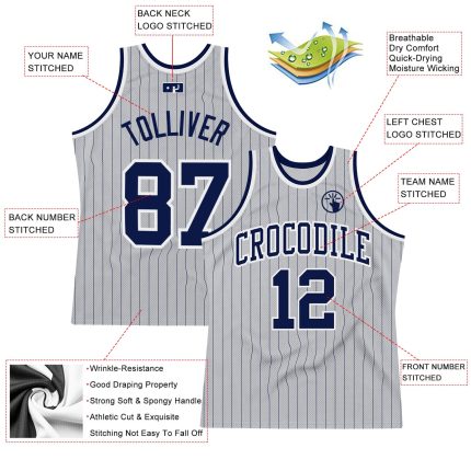 Custom Name and Number Personalized Gray Navy Pinstripe Basketball Jersey - Authentic Team Gear Personalized Gray Navy Pinstripe