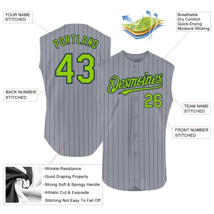 Custom Name and Number Personalized Sleeveless Baseball Jersey Gray Navy Pinstripe Neon Green Authentic Design Personalized