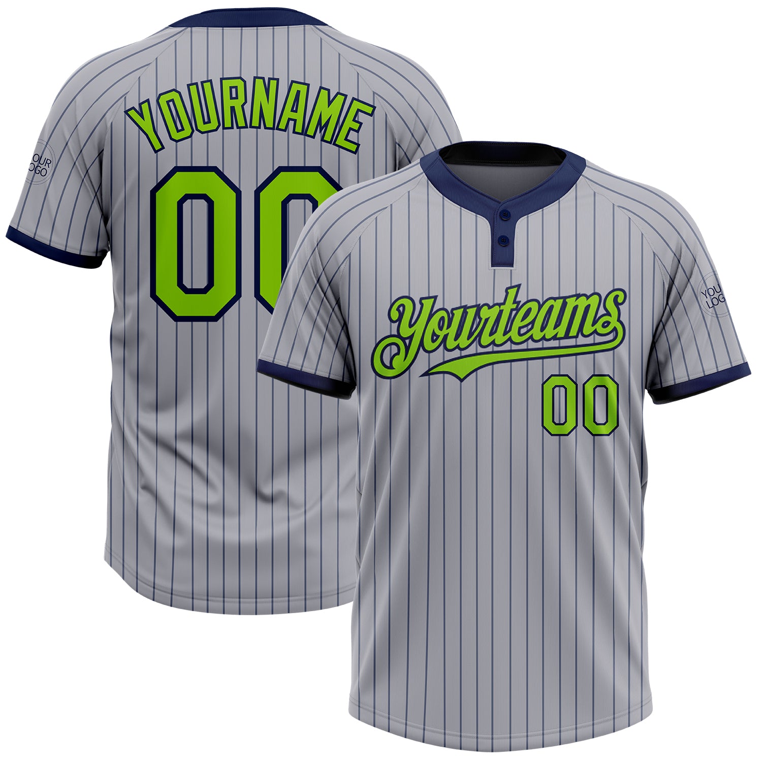 Customizable Gray Navy Pinstripe Softball Jersey with Neon Green Two-Button Design - Personalized Team Name & Number Personalized