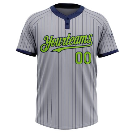 Customizable Gray Navy Pinstripe Softball Jersey with Neon Green Two-Button Design - Personalized Team Name & Number Personalized