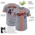 Custom Team Baseball Jersey - Personalized Gray Navy Pinstripe with Orange Name and Number Personalized Gray Navy Pinstripe