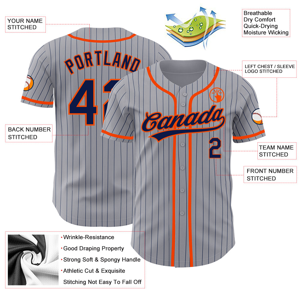 Personalized Gray Navy Pinstripe Orange Authentic Baseball Jersey Team Custom Name and Number Custom Team Baseball Jersey - Personalized Gray Navy Pinstripe with Orange Name and Number Personalized Gray Navy Pinstripe - Image 3
