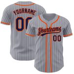Custom Team Baseball Jersey - Personalized Gray Navy Pinstripe with Orange Name and Number Personalized Gray Navy Pinstripe