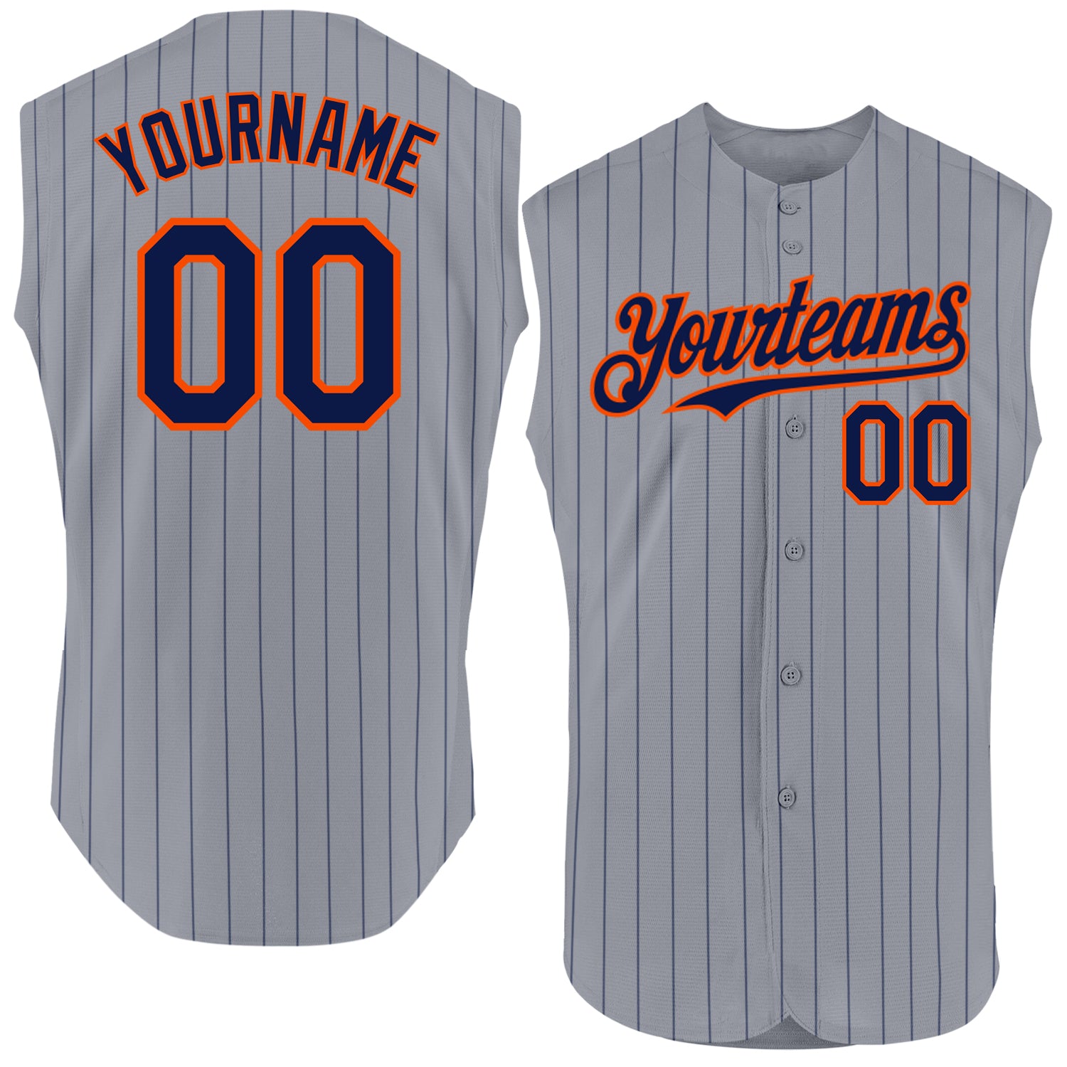 Custom Name Number Sleeveless Baseball Jersey - Personalized Gray Navy Pinstripe with Orange Details Personalized Gray Navy