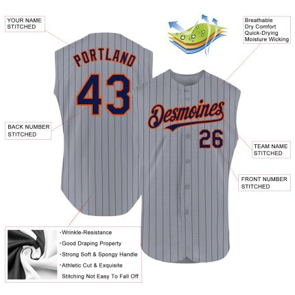 Custom Name Number Sleeveless Baseball Jersey - Personalized Gray Navy Pinstripe with Orange Details Personalized Gray Navy