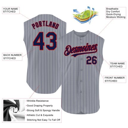 Personalized Authentic Gray Navy Red Sleeveless Baseball Jersey with Pinstripe Design Personalized Gray Navy Pinstripe Red