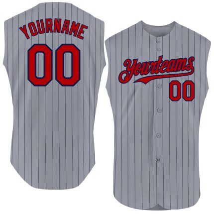 Custom Personalized Baseball Jersey - Gray Navy Pinstripe Red - Authentic Sleeveless with Custom Name and Number Personalized