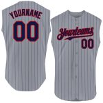 Personalized Authentic Gray Navy Red Sleeveless Baseball Jersey with Pinstripe Design Personalized Gray Navy Pinstripe Red